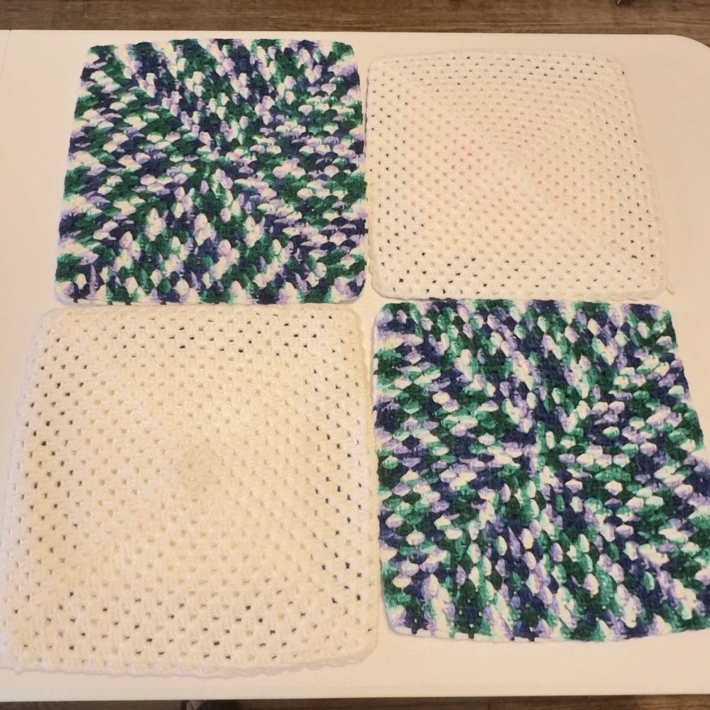 Set 4 VTG Large Handmade Crochet Hot Pad Trivet Multicolored Thick Double Layers